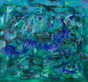 Présence bleuâtre, légèrement violacée, presque intense. Techniques mixtes sur toile de lin. 260 x 260 cm Paris 2024