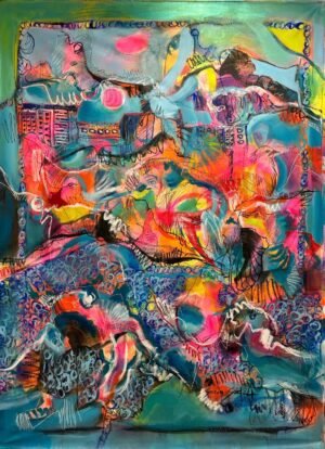 Éruption d’émotions chatoyantes. Techniques mixtes sur toile 160/ 220cm Paris 2024